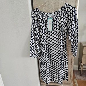 NEW ESCAPADA BEACH AMELIA NAVY & WHITE SHELLS COVER-UP WITH 3/4 SLEEVE IN LARGE